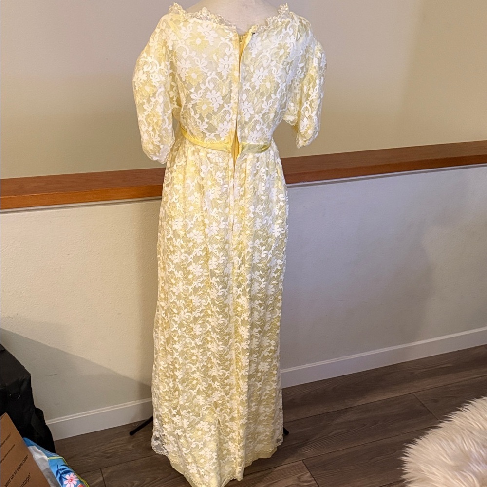 Vintage 1960s Yellow Taffeta Floral Overlay Prom Dress | Puffed Sleeves  Gown - Picture 7 of 16